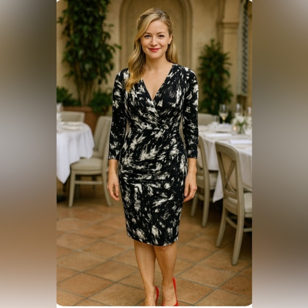 Ralph Lauren faux wrap dress, black & white abstract pattern, 3/4 sleeves 🖤🤍